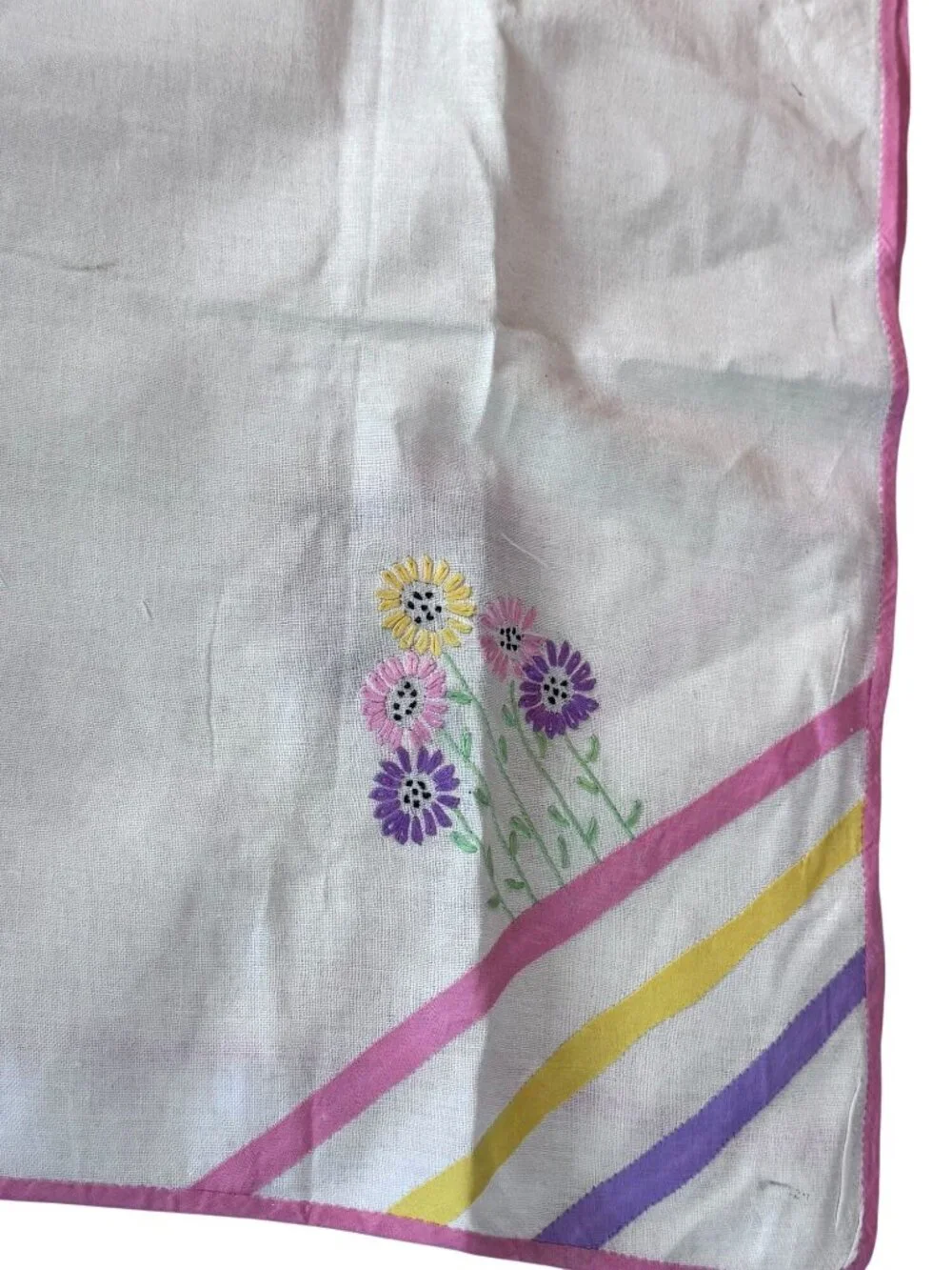 Vintage Hand Embroidered Floral Tablecloth Multi Color Stripes 42 x 30